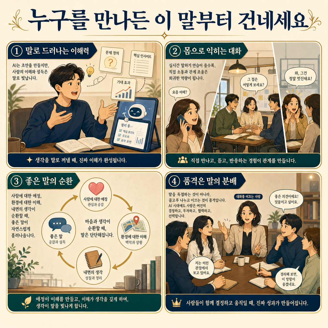 누구를 만나든 이 말부터 건네세요" 제일 품격있어 보이는 이 대화법ㅣEp. 책과사람 105 (김미경 대표 3부) 내용을 설명하는 본문 이미지