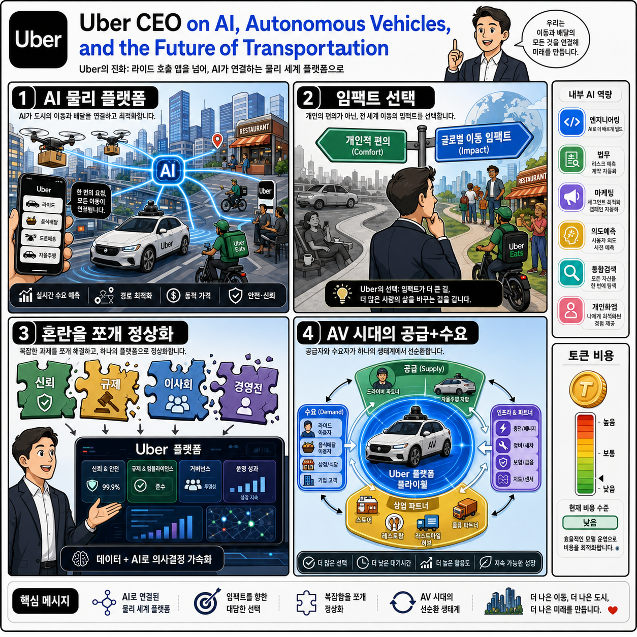Uber CEO on AI, Autonomous Vehicles, and the Future of Transportation 내용을 설명하는 본문 이미지