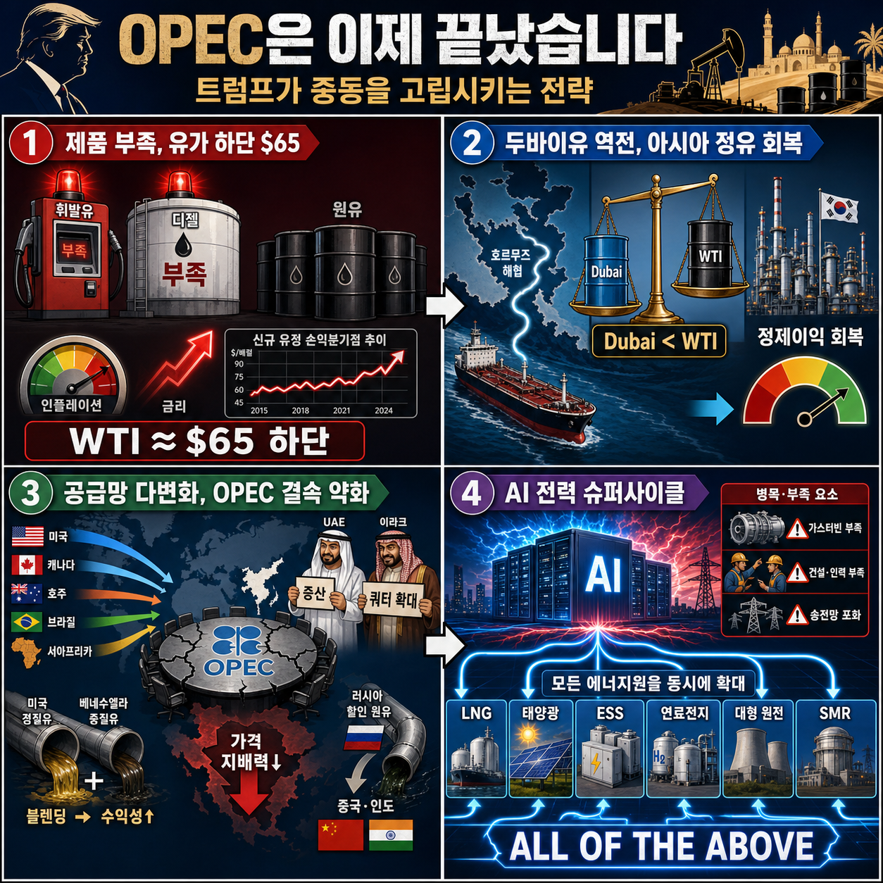 OPEC은 이제 끝났습니다" 트럼프가 중동을 고립시키는 돋는 전략 (f. 윤재성 하나증권 리서치센터 수석연구위원) 내용을 설명하는 본문 이미지