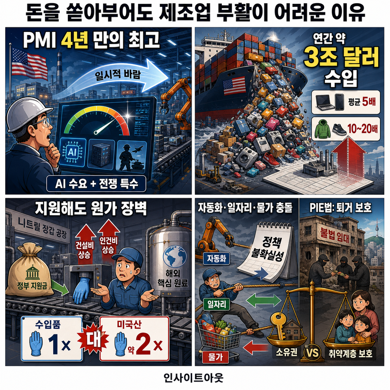 돈을 쏟아부어도 제조업 부활이 어려운 이유｜불법 점거자를 보호하는 남아공의 기막힌 법｜인사이트아웃 내용을 설명하는 본문 이미지