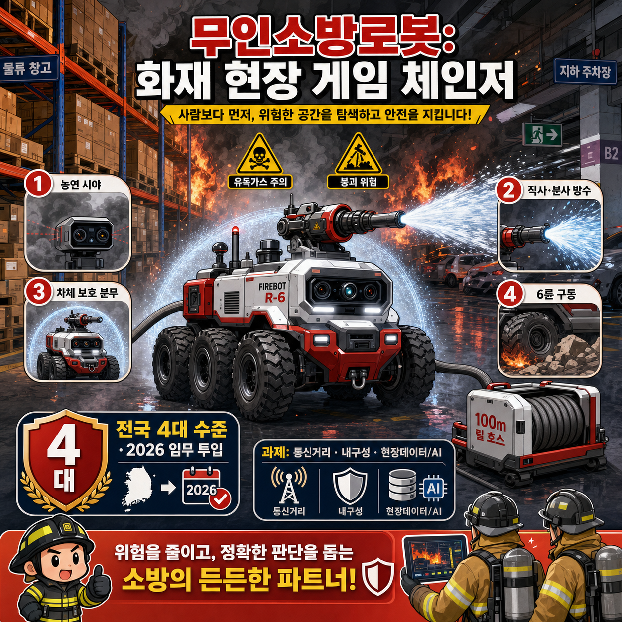 물류창고·지하주차장 화재 완벽 대응? 화재 현장을 바꿀 소방계의 게임 체인저 무인소방로봇!! 내용을 설명하는 본문 이미지
