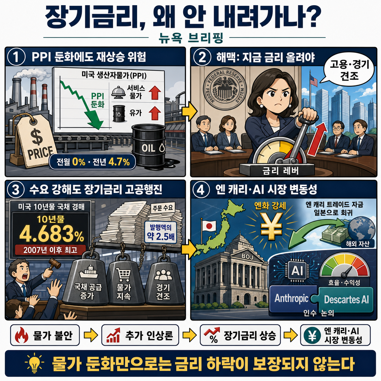 해맥 "지금 금리 올려야"ㅣ10년물 낙찰금리 2007년 이후 최고ㅣ장기금리 왜 안 내려가나ㅣ일본 정부 9월 BOJ 인상 지지ㅣ앤트로픽, 데카르트 AI 인수 논의ㅣ홍혜진의 뉴욕브리핑 내용을 설명하는 본문 이미지