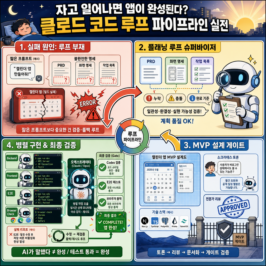 자고 일어나면 앱이 완성된다? 클로드 코드 루프 파이프라인 실전 내용을 설명하는 본문 이미지