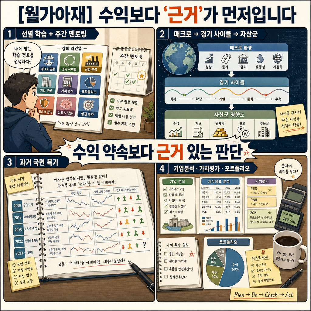 [월가아재] 수익보다 "근거"가 먼저입니다. 근거 있는 투자를 위한 공부법 내용을 설명하는 본문 이미지