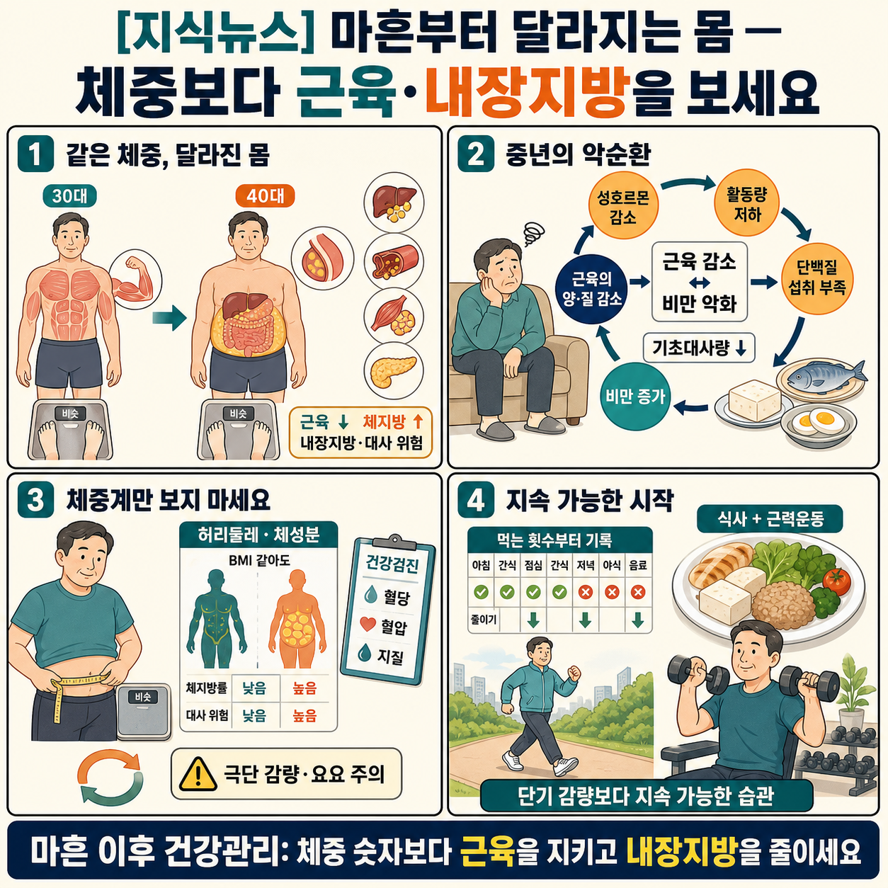 [지식뉴스] "당신이 알던 몸은 30대에 끝났습니다"...마흔부터 살찌면 닥칠 일 / 교양이를 부탁해 내용을 설명하는 본문 이미지