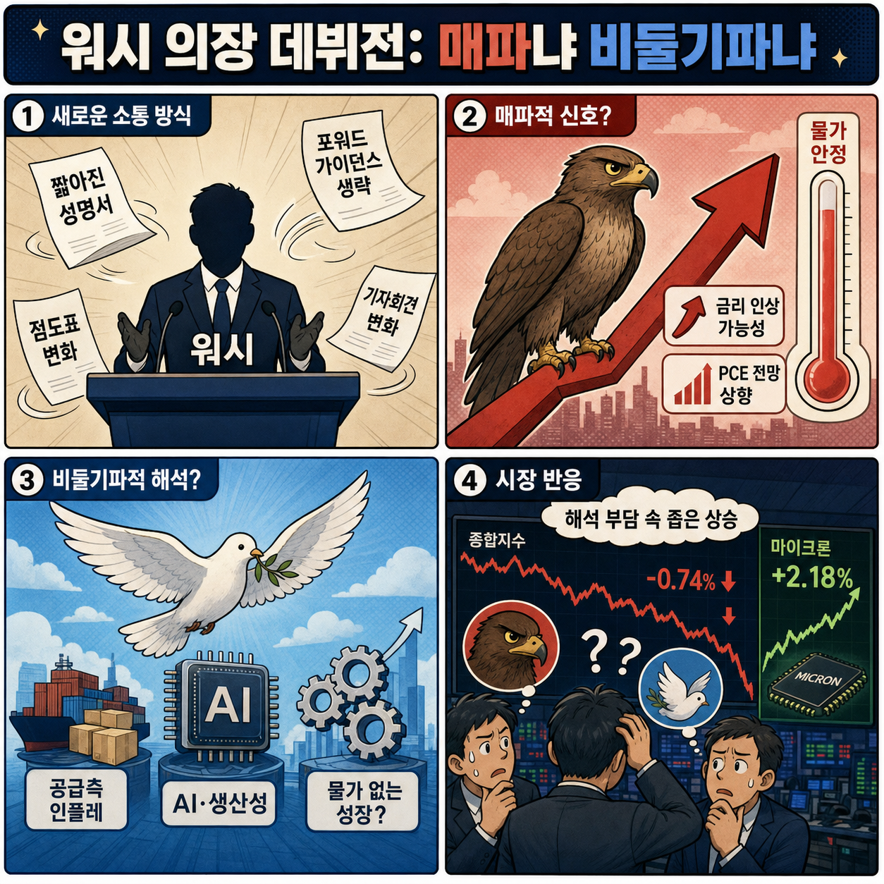 [홍장원의 불앤베어] 매파냐 비둘기파냐... 다시 봐도 헷갈리는 워시 의장 데뷔전 내용을 설명하는 본문 이미지
