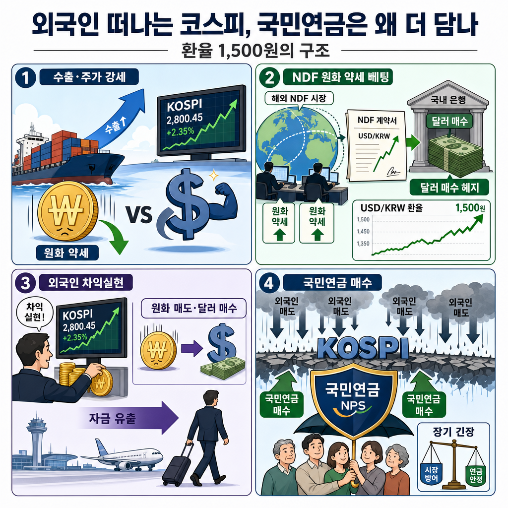외국인 떠나는 코스피, 국민연금은 왜 더 담나... ''환율 1,500원''의 진짜 이유 / 똑소리E / 비디오머그 내용을 설명하는 본문 이미지