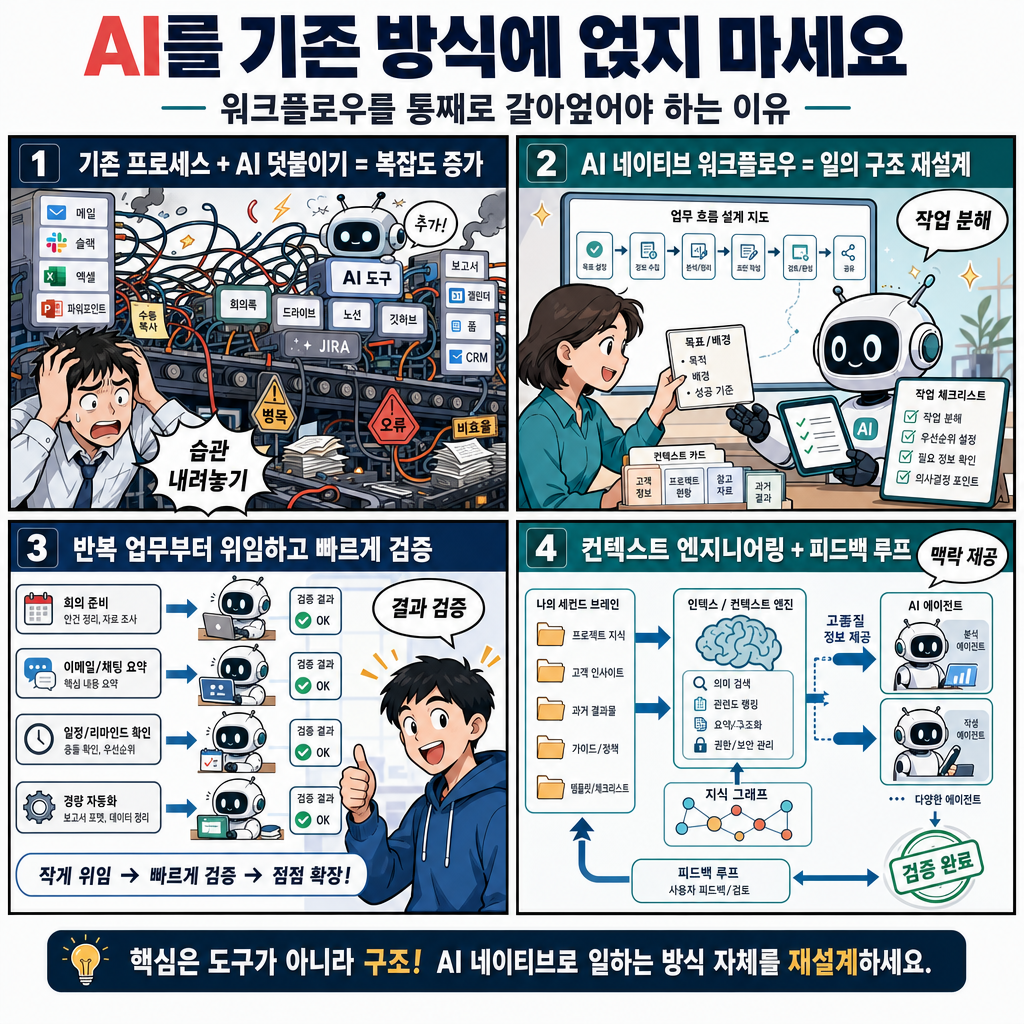 AI를 기존 방식에 얹지 마세요 — 워크플로우를 통째로 갈아엎어야 하는 이유 내용을 설명하는 본문 이미지