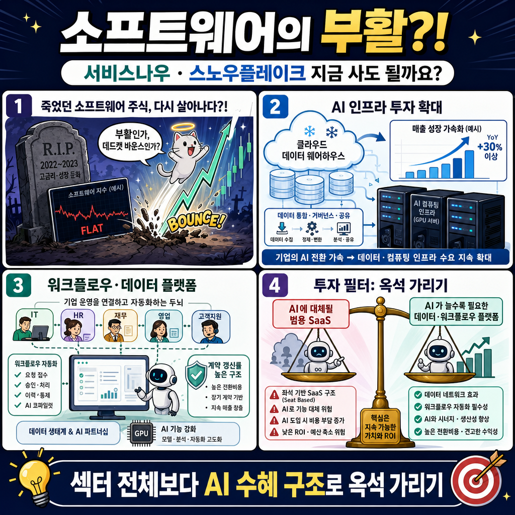 소프트웨어의 부활?!, 서비스나우, 스노우플레이크 지금 사도 될까요? 내용을 설명하는 본문 이미지