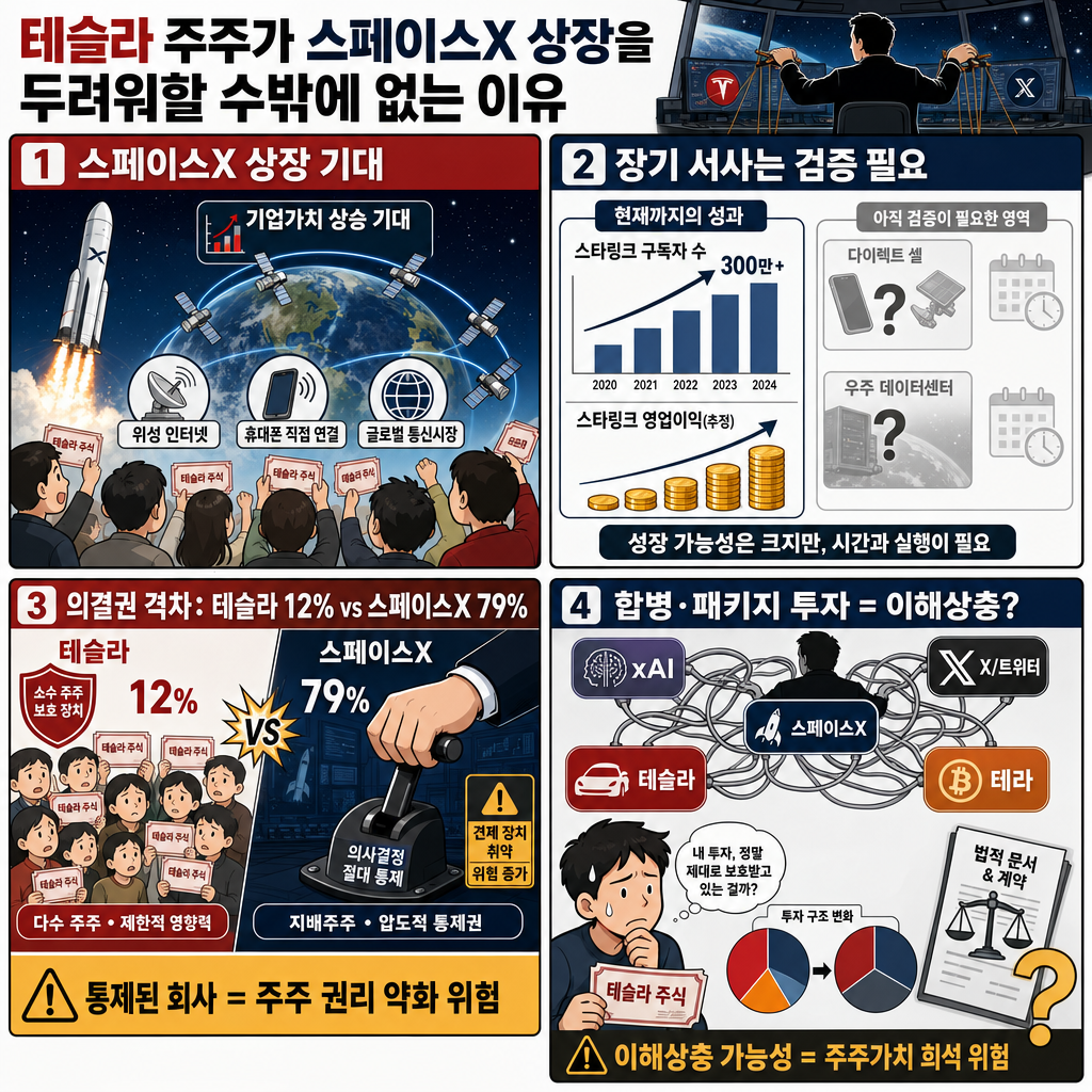 테슬라 주주가 스페이스X 상장을 두려워할 수밖에 없는 이유…머스크 의결권 테슬라 12% vs 스페이스X 79%, 합병되면 내 지분에 벌어질 일ㅣ정주용 의장 [2부] 내용을 설명하는 본문 이미지