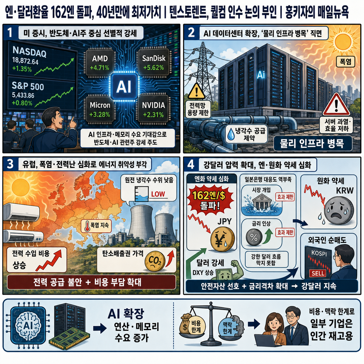 엔·달러환율 162엔 돌파, 40년만에 최저가치ㅣ텐스토렌트, 퀄컴 인수 논의 부인ㅣ홍키자의 매일뉴욕 내용을 설명하는 본문 이미지